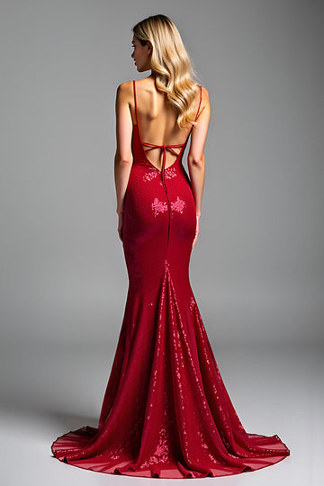 Sparkly Red Mermaid Spaghetti Straps Sequins Long Prom Dress